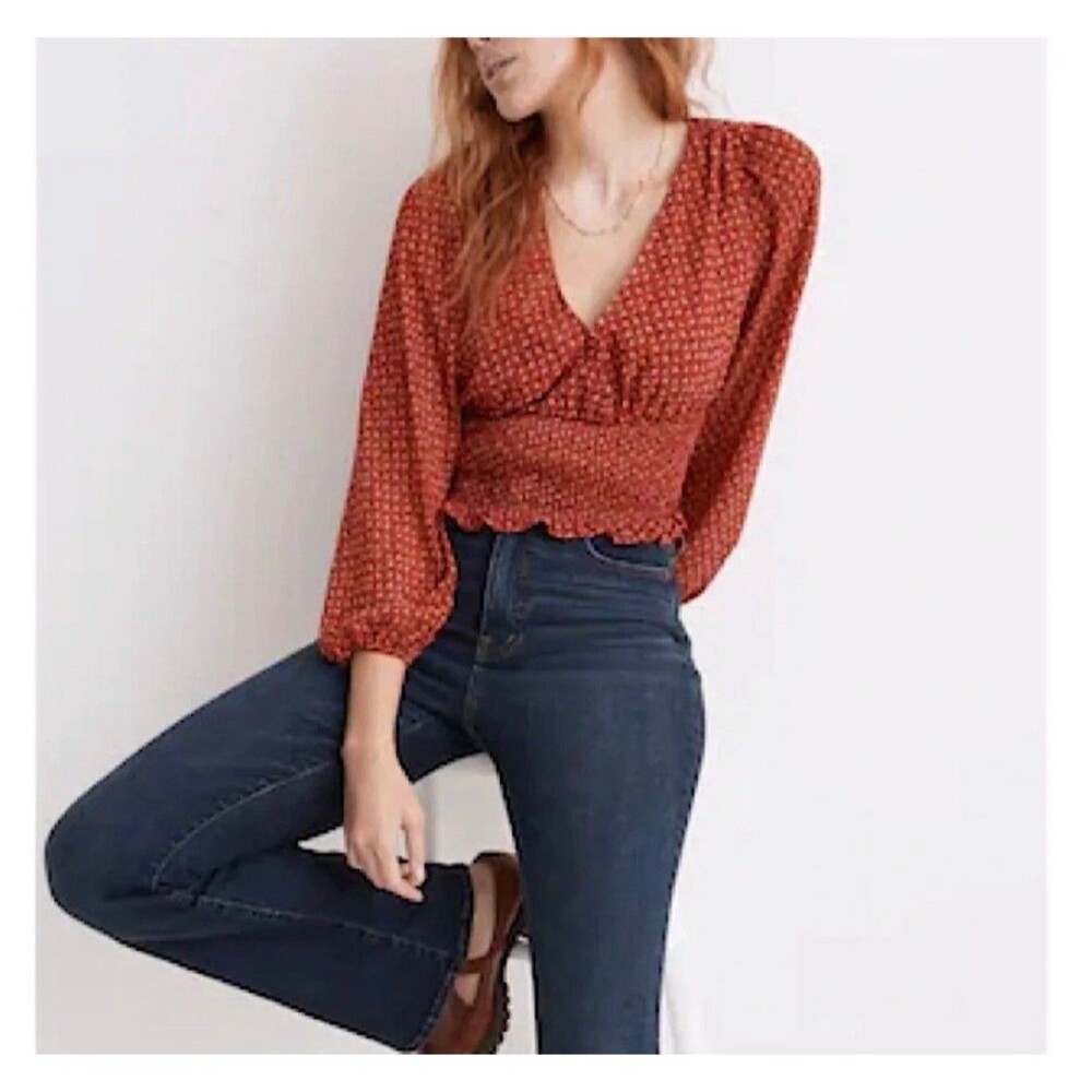 NWT Madewell Julianne Red Floral Smocked Waist Blouse Sz M